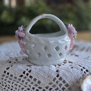 White Ceramic Basket with Pink Floral Accents